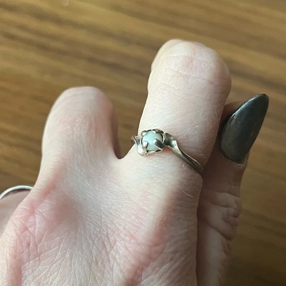 Vintage or Antique Minimalist 10K White Gold and Pale Blue Opal (?) Stone Ring
